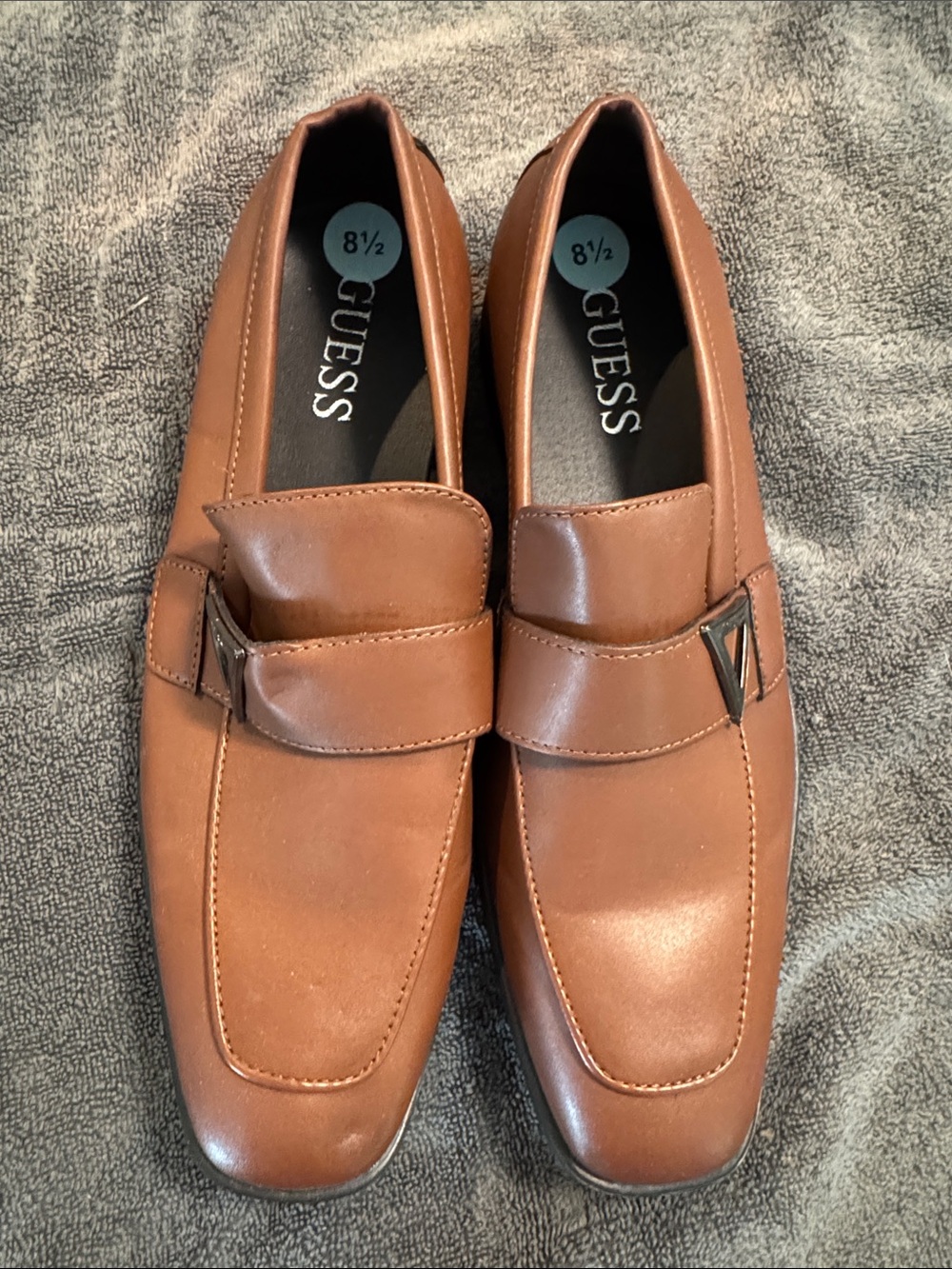 GUESS Men's Tan Leather Slip-On Loafers with Metal Accent